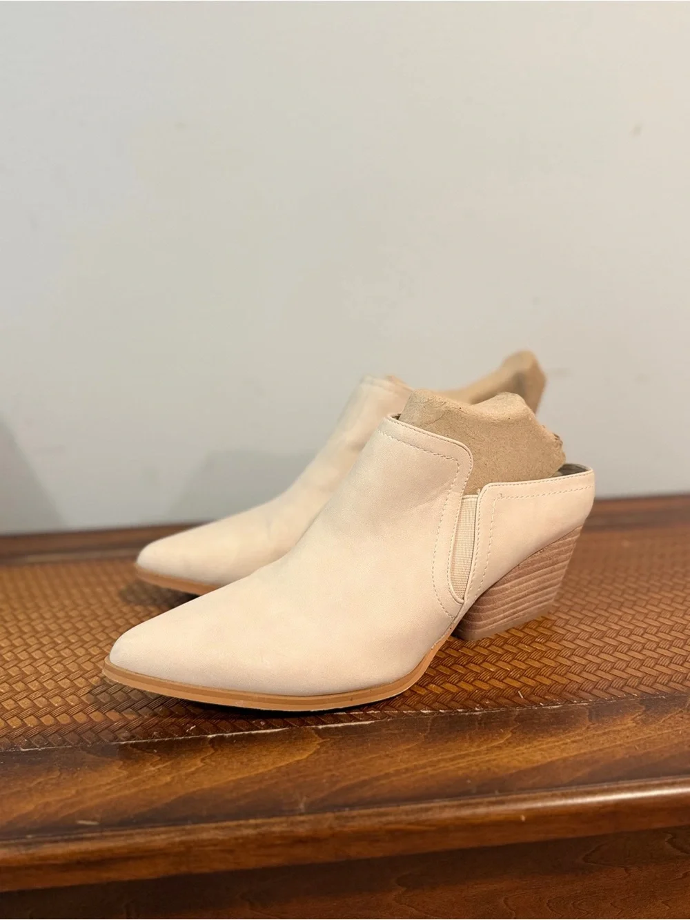 White Leather Low Heel Slip On Booties